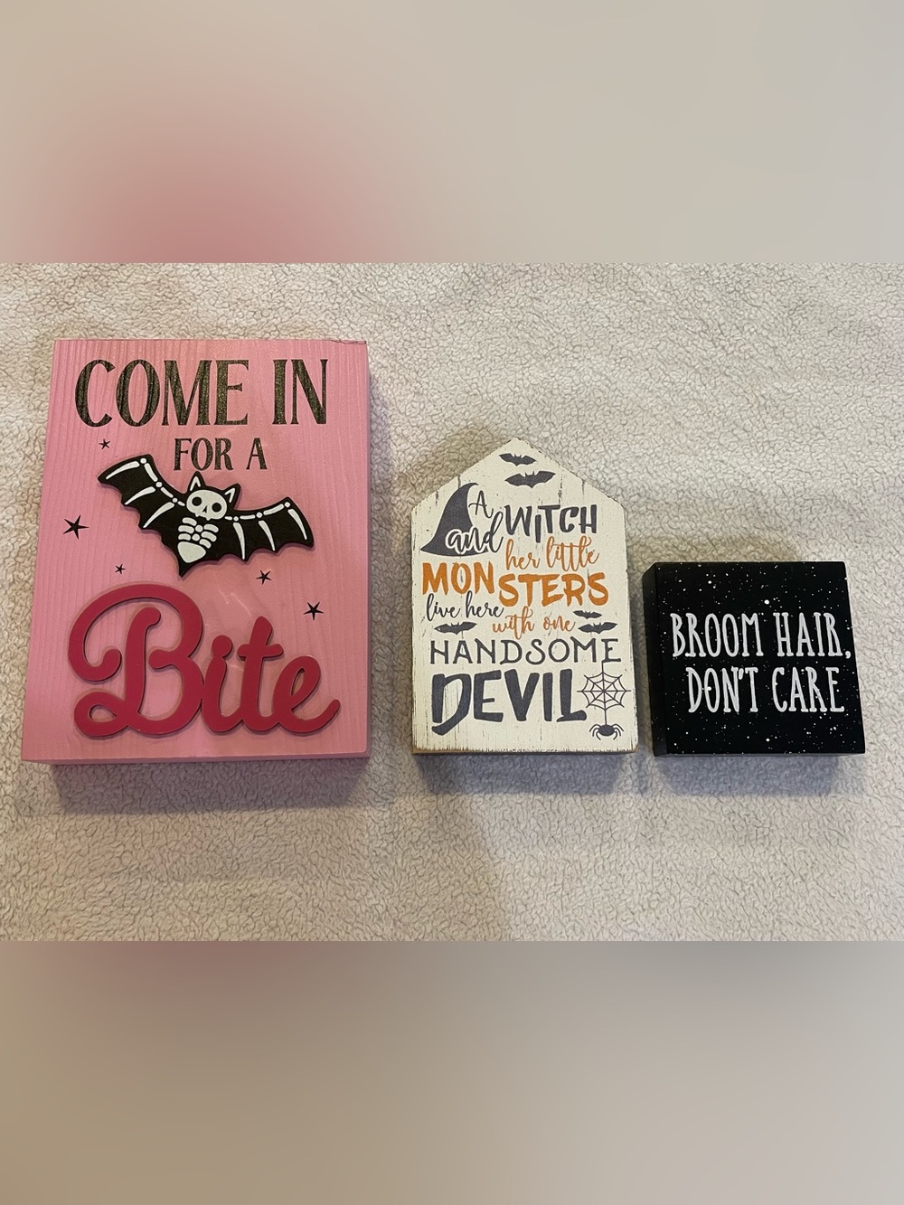 Halloween Wood Sign Lot Witch Skeleton Bat Pink Spooky Decor Set of 3